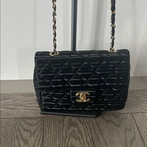 Black Quilted Shoulder Bag with Gold CC Hardware